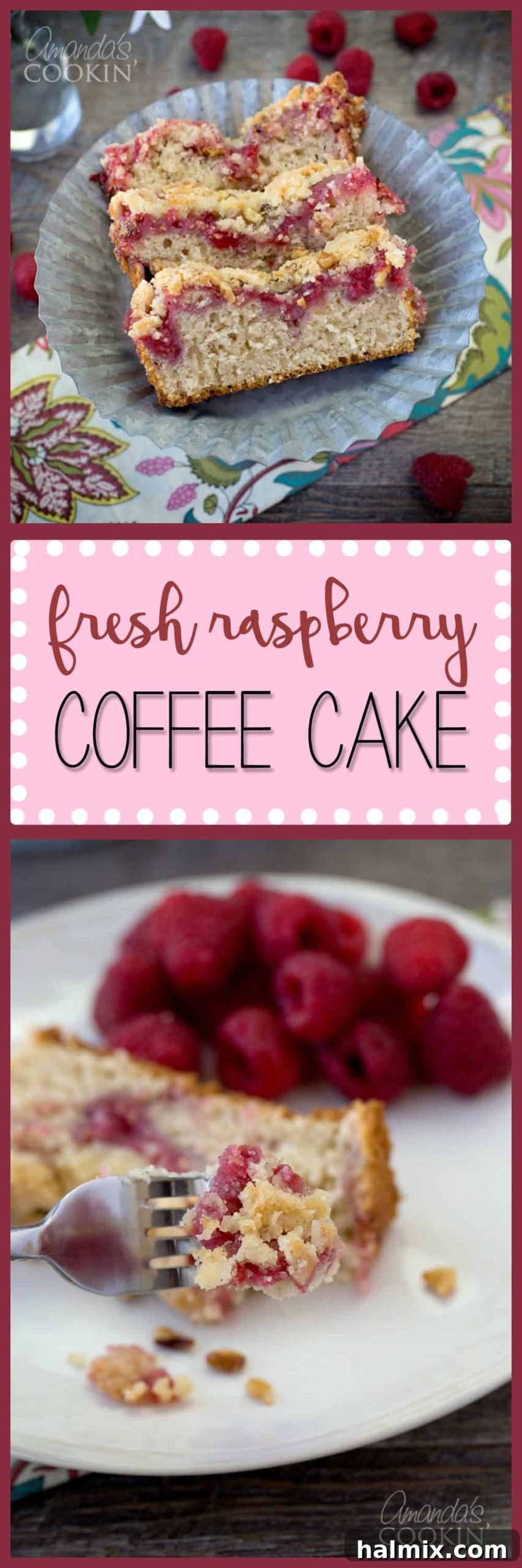 A photo montage showing a forkful of raspberry coffee cake and a full slice on a plate, highlighting its deliciousness.