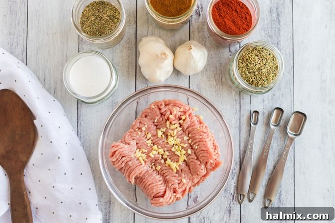 Crafting Delicious Homemade Pizza Sausage 4 ingredients for pizza sausage, ground pork, spices and herbs