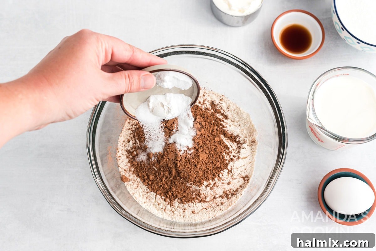Adding baking soda to a bowl of dry ingredients for whoopie pie cookies, emphasizing proper measurement and mixing.