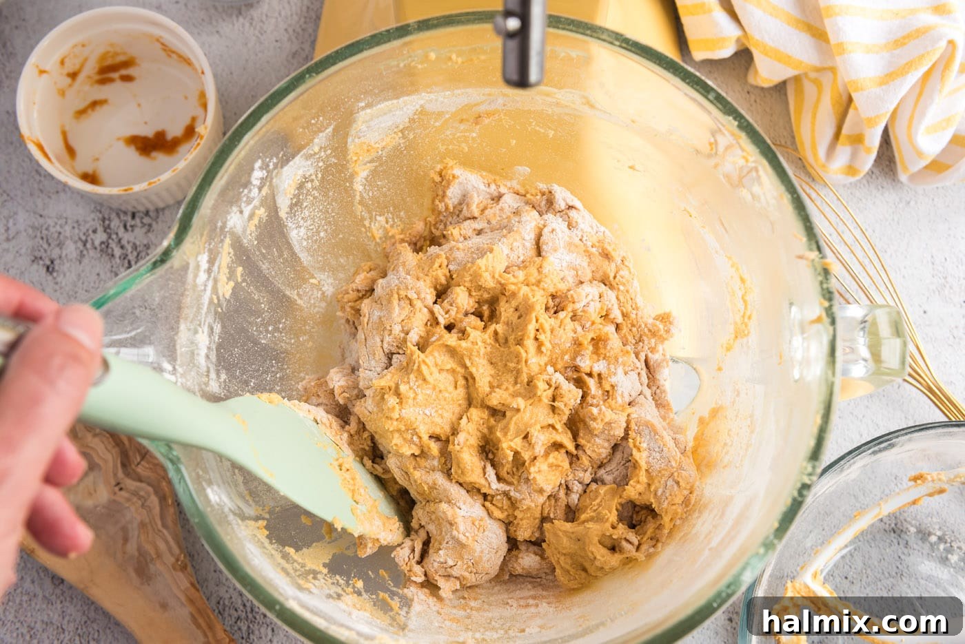 Harvest Pumpkin Chocolate Chip Muffins 13 pumpkin muffin dough in a mixer bowl