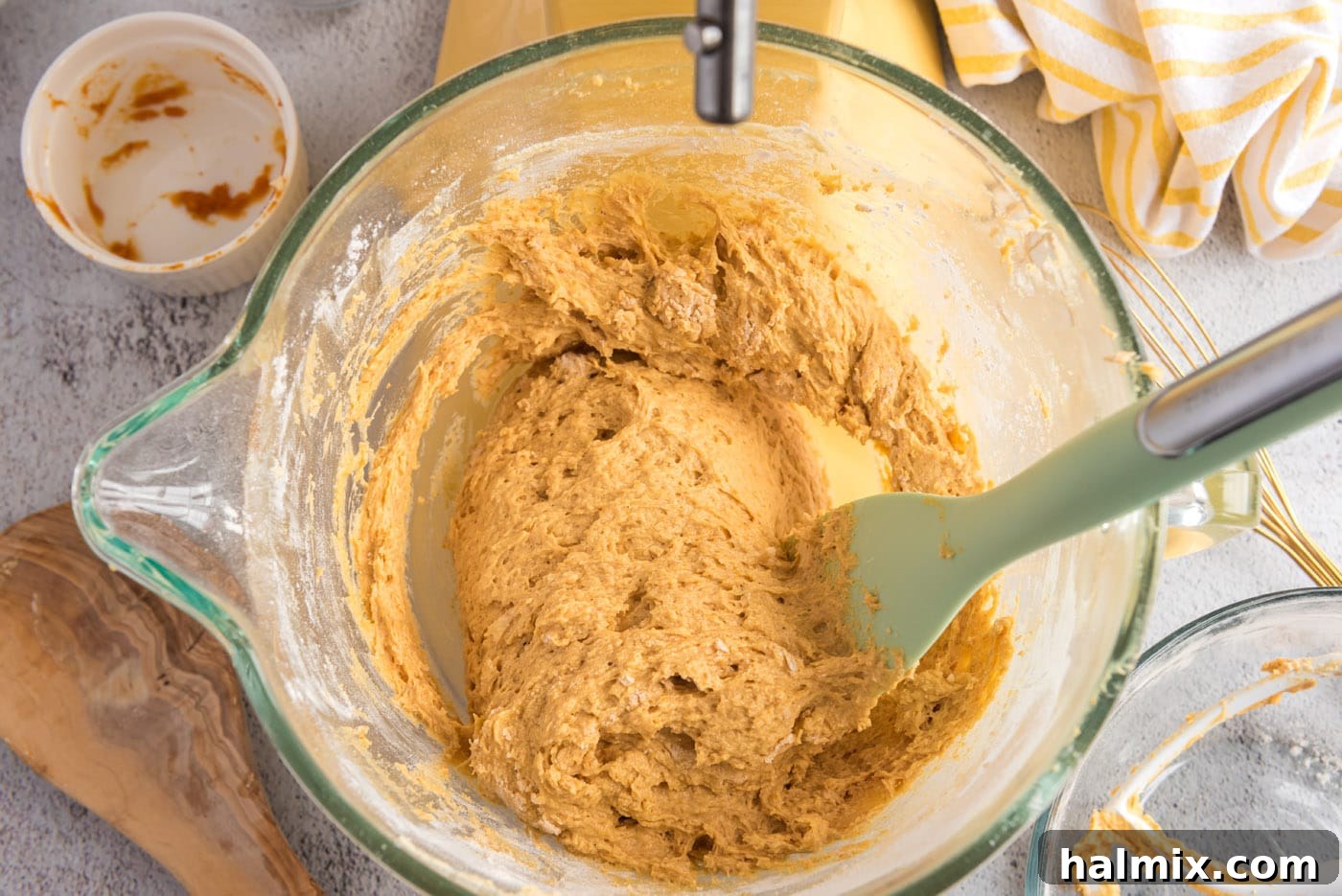 Harvest Pumpkin Chocolate Chip Muffins 14 pumpkin muffin dough in mixer bowl