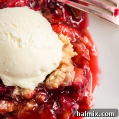 Close up photo of Prize Winning Rhubarb Crumble topped with ice cream