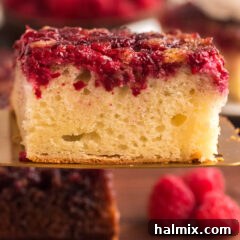 Raspberry Upside Down Cake on a spatula, showing the beautiful underside