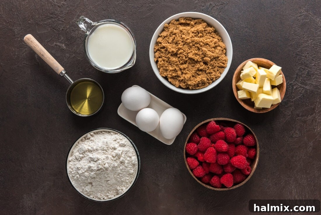 Crimson Raspberry Flip 4 Ingredients for Raspberry Upside Down Cake laid out on a kitchen counter