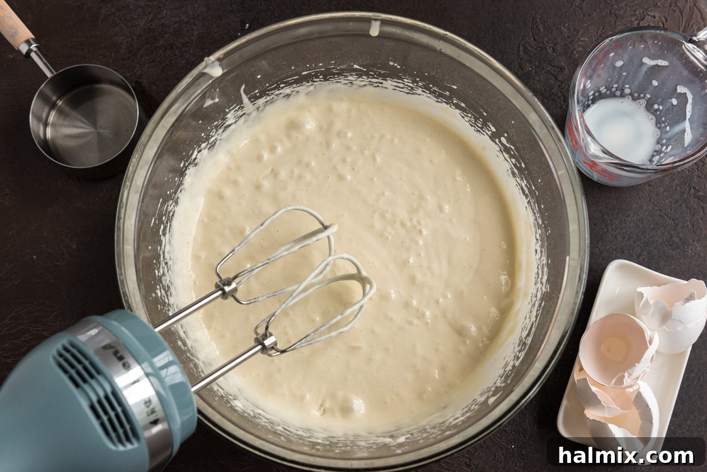 Crimson Raspberry Flip 6 Smooth cake batter in the bowl of a stand mixer, ready for baking