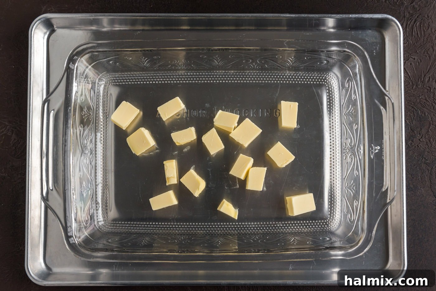 Crimson Raspberry Flip 7 Pats of butter placed in a baking dish before melting