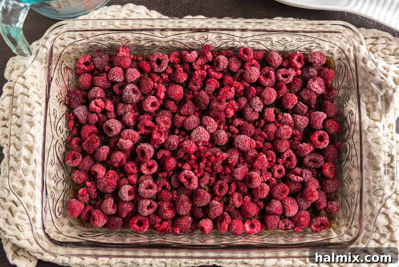 Crimson Raspberry Flip 10 Fresh raspberries arranged in an even layer over the brown sugar and butter mixture