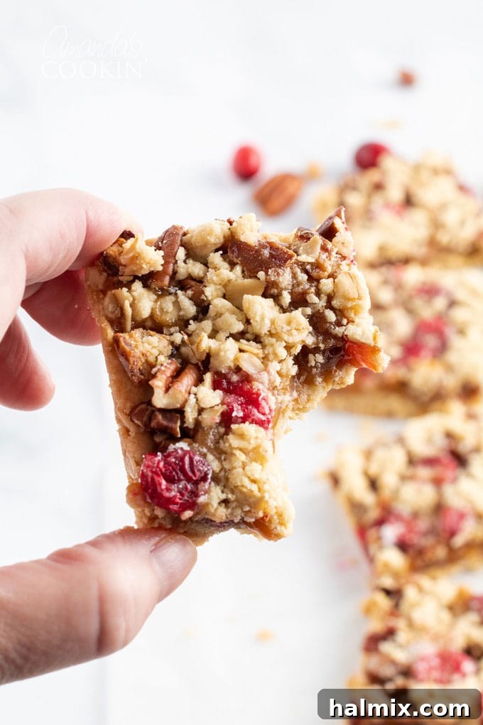 A cranberry bar with a bite taken out, showing the layers inside