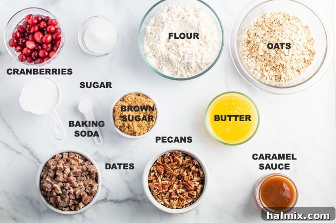 Labeled ingredients for cranberry caramel bars laid out on a table