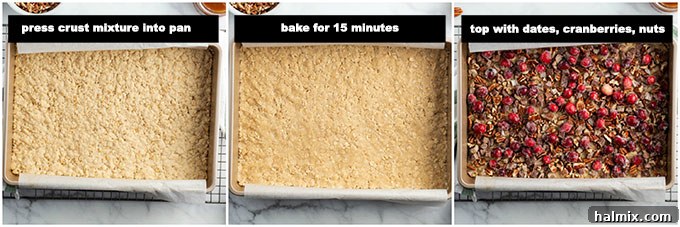 Illustrated step photos for baking the crust and adding the cranberry layer