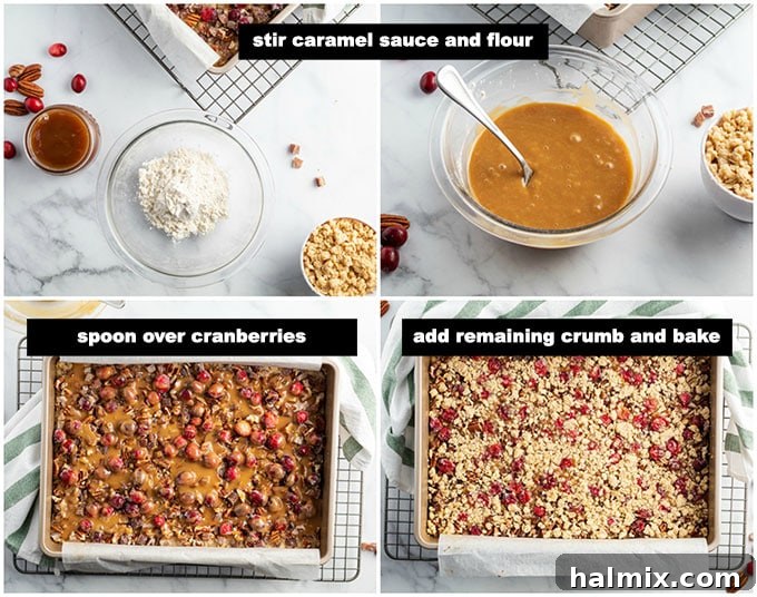 Illustrated step photos showing the caramel layer and final baking of the bars