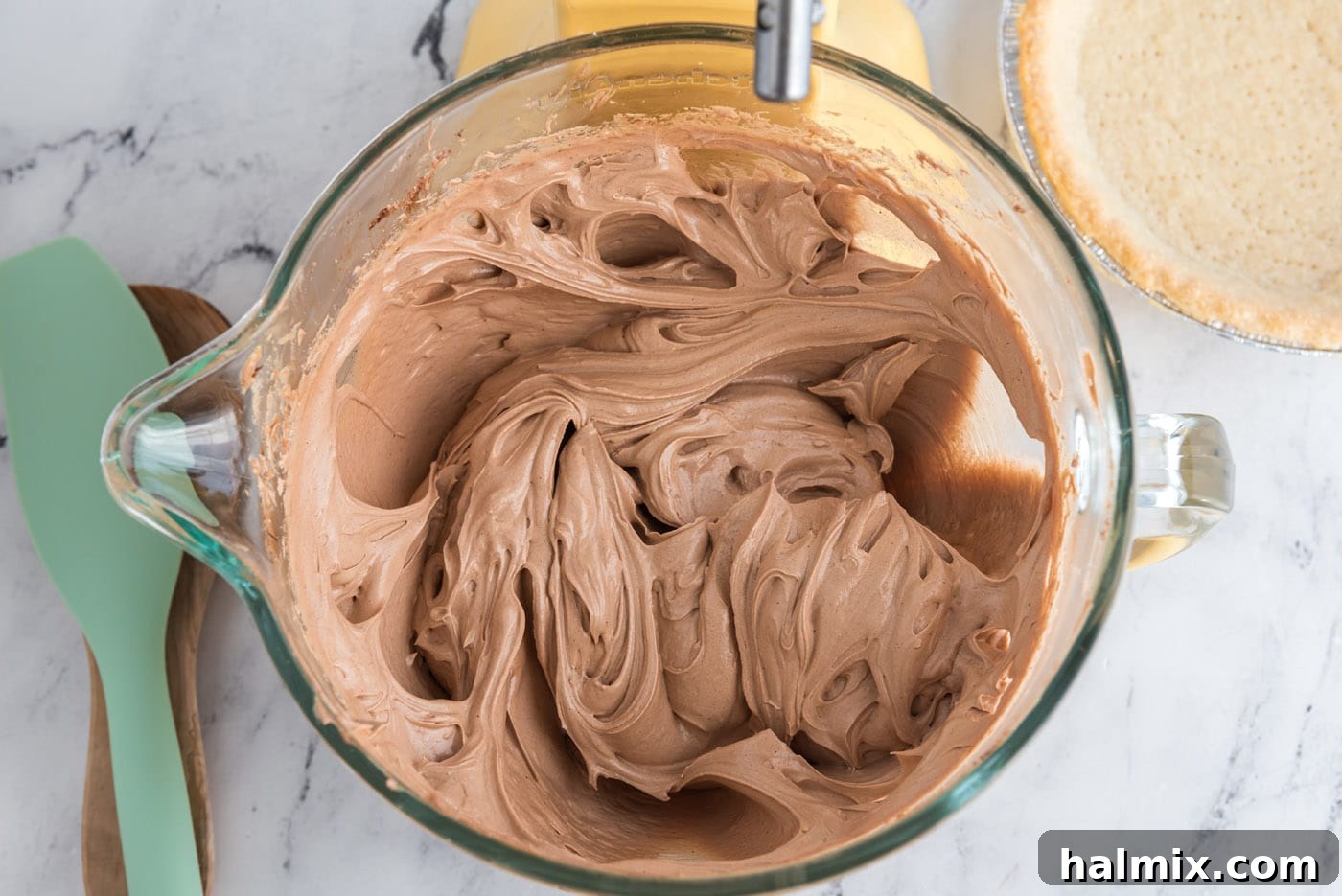 Decadent French Silk Delight 11 The fully mixed French Silk Pie filling, light and airy, in a stand mixer bowl.