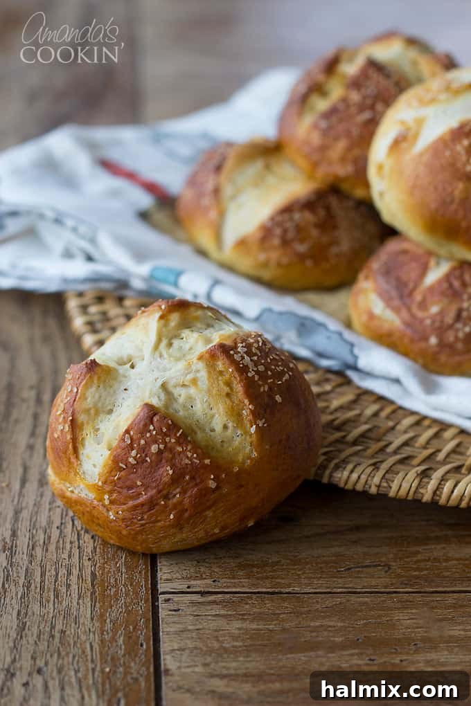 An inviting image of Bretzel Rolls, perfect as pretzel sandwich buns or pretzel dinner rolls.