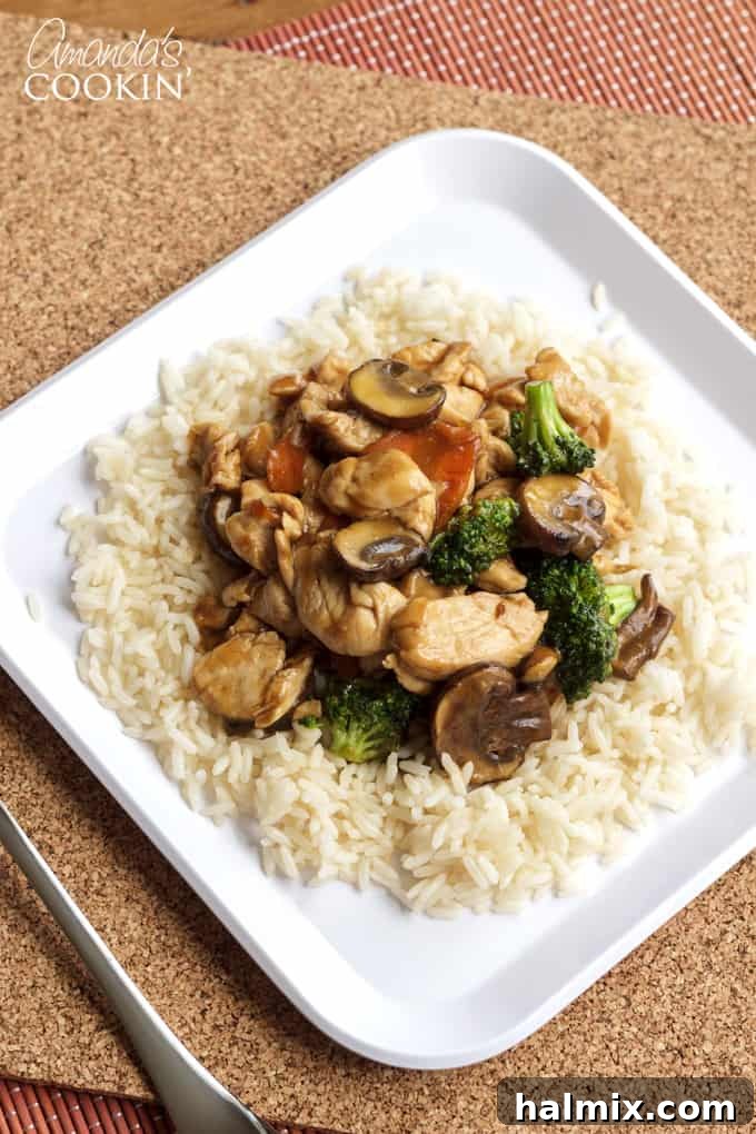 A plate of freshly prepared Moo Goo Gai Pan served over rice.