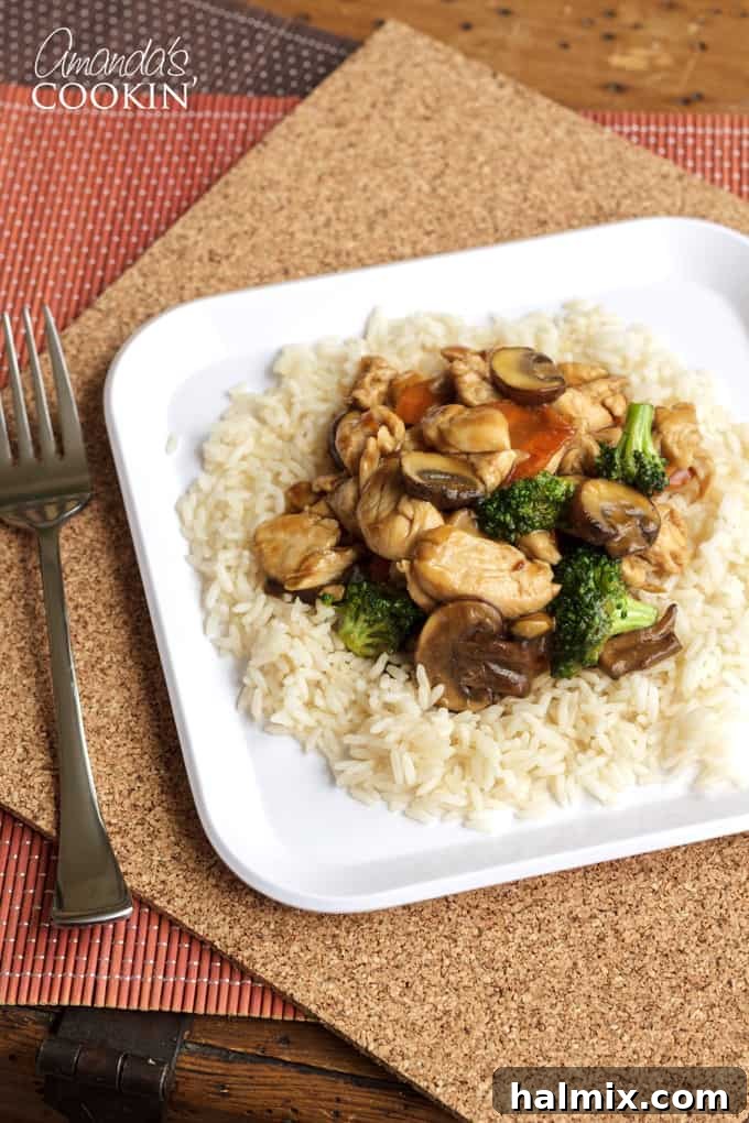 Close-up of chicken and vegetable stir-fry with rice in a bowl.