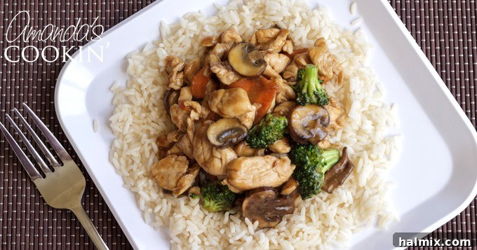 A dish of chicken and mushroom stir-fry served on a bed of white rice.