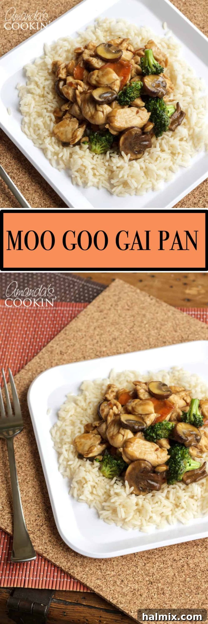 Pinterest image for Moo Goo Gai Pan with text overlay and dish photo