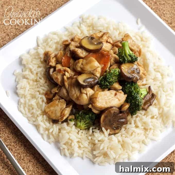 Moo Goo Gai Pan dish presented elegantly on a white plate.