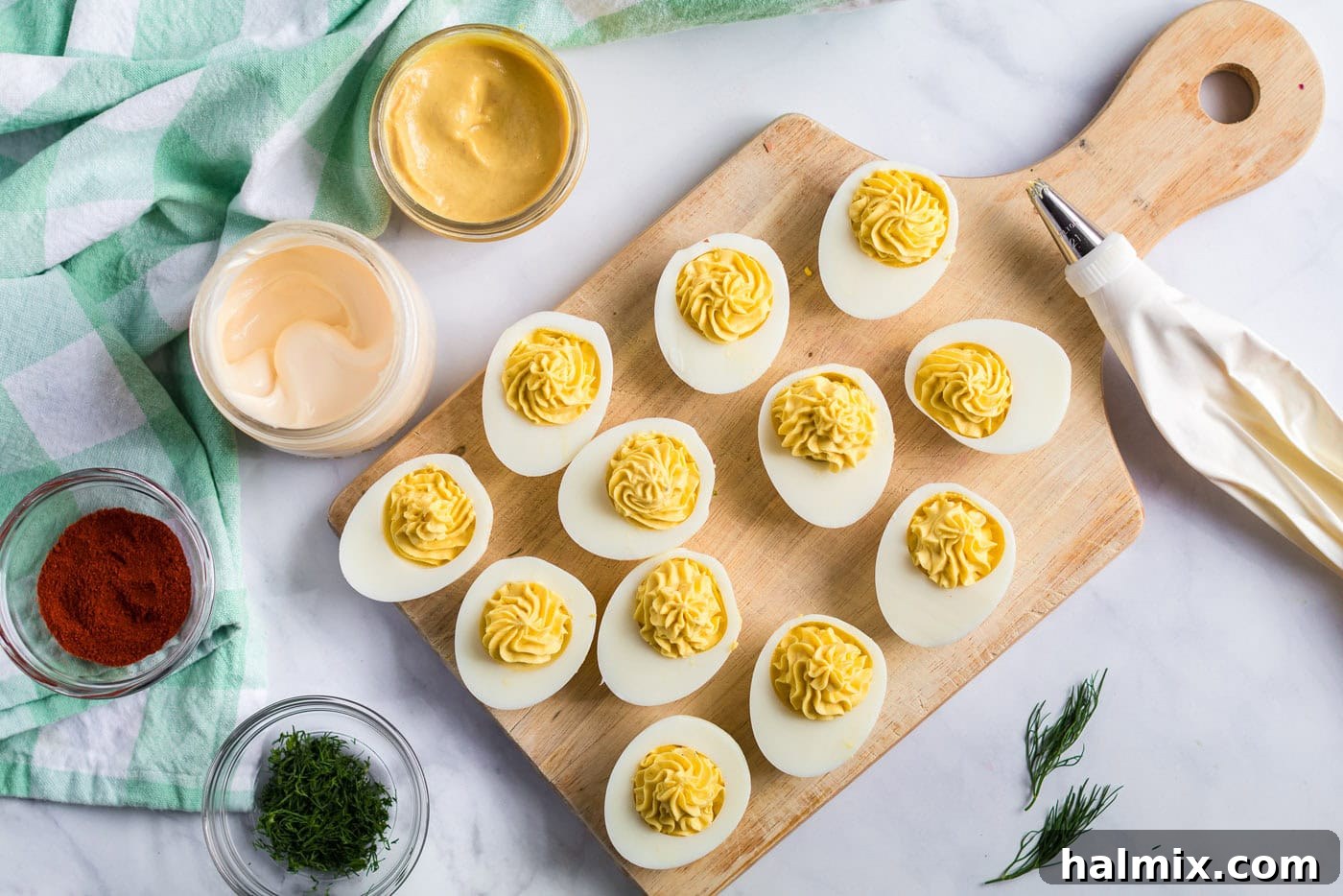Zesty Stuffed Eggs 7 Deviled Eggs on a wooden serving board