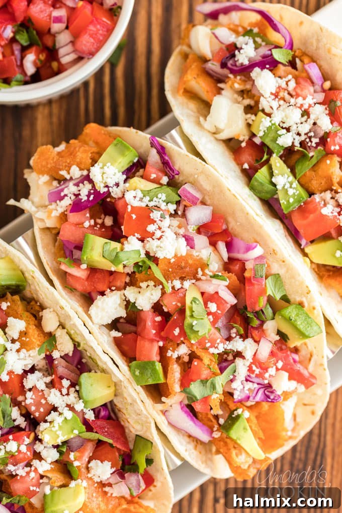 Baja Fish Bites 3 overhead view of fish tacos with toppings