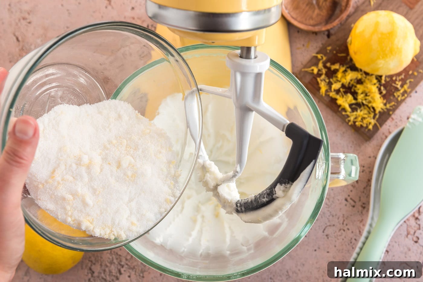 Tangy Lemon Clouds 8 Shortening and lemon-infused sugar being creamed in a mixer