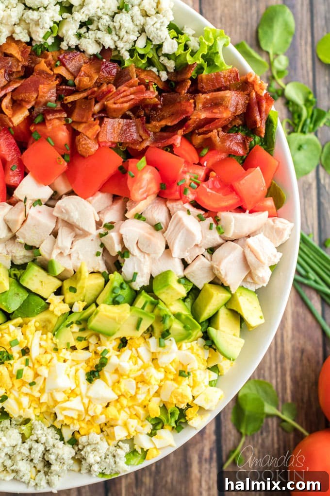 close up of cobb salad - showcasing the distinct rows of ingredients and vibrant colors