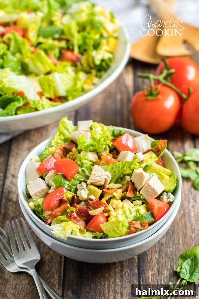 Cobb Salad in a bowl - a close up, showing the texture and freshness