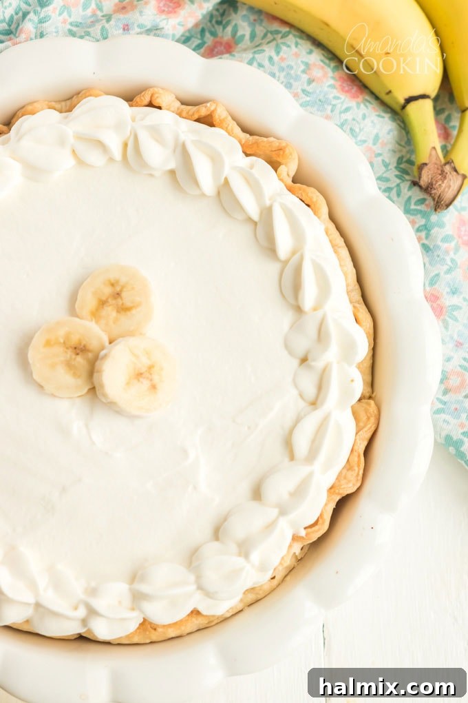 overhead view of banana cream pie that isn't sliced