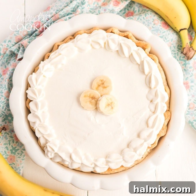 overhead view of whole banana cream pie
