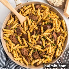 Sausage, Penne & Peas in a skillet