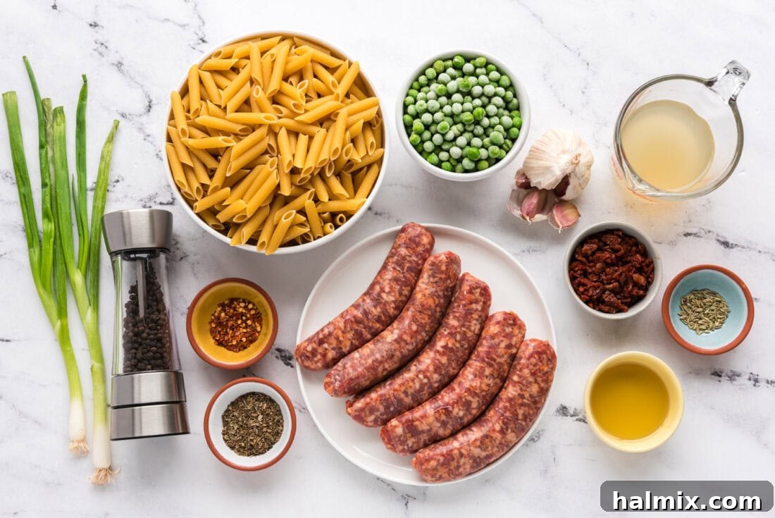 Ingredients for Sausage, Penne & Peas