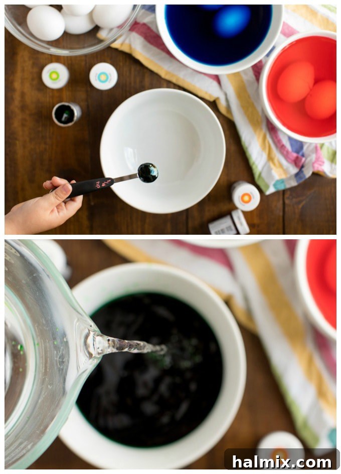 Mixing Food Coloring for Your Easter Egg Dye A hand mixing gel food coloring into warm water in a deep bowl, creating a vibrant dye bath for the cracked eggs.
