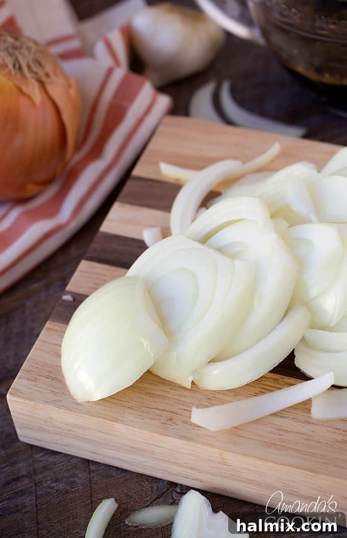 Sliced onions ready to be added to the Amish Pot Roast for extra flavor.