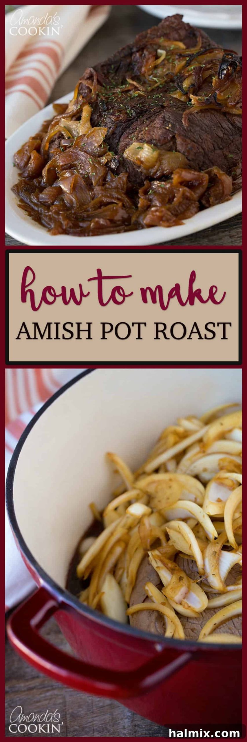 Pinterest graphic for Amish Pot Roast with text overlay, encouraging users to save the recipe.