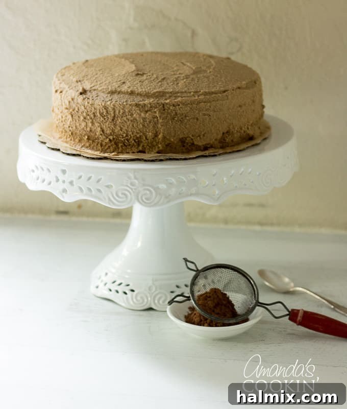 cocoa duster next to a finished tiramisu cake