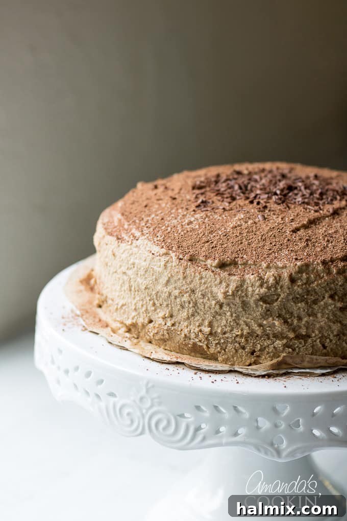 full tiramisu cake on a cake stand