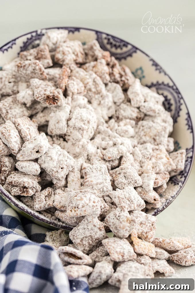 Chocolate Peanut Butter Snow Caps 3 bowl of knocked over muddy buddies