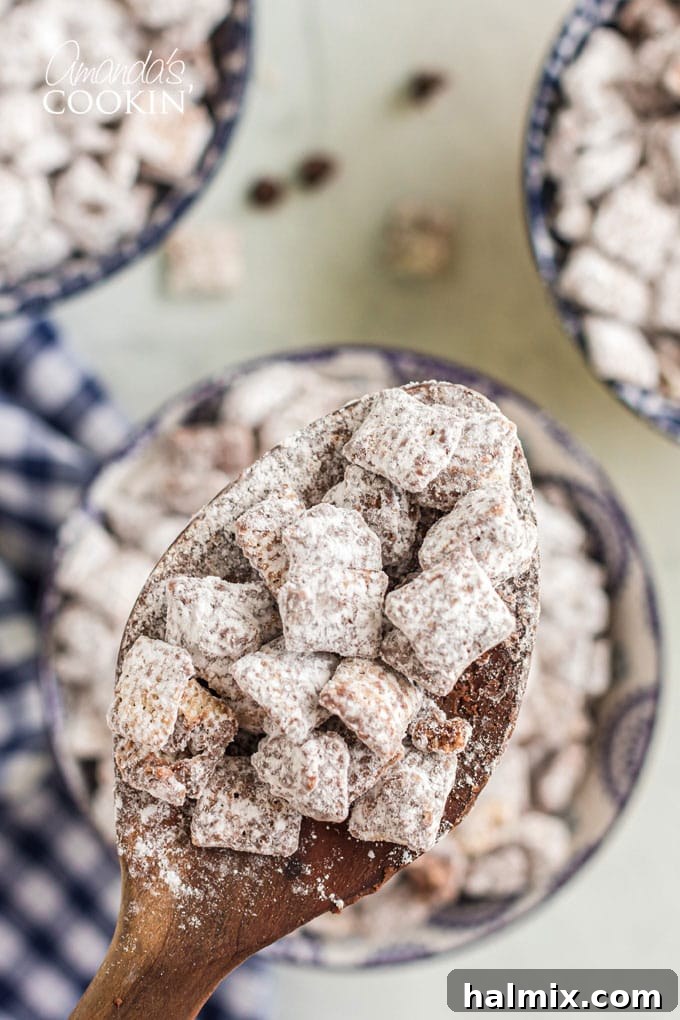 Chocolate Peanut Butter Snow Caps 4 spoonful of muddy buddy snack mix