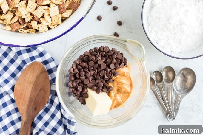 Chocolate Peanut Butter Snow Caps 6 peanut butter, butter, and chocolate chips in a bowl