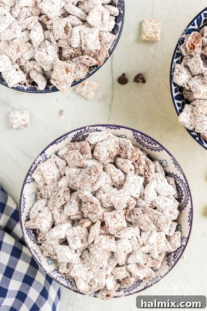 Chocolate Peanut Butter Snow Caps 10 overhead view of bowl with muddy buddy snacks