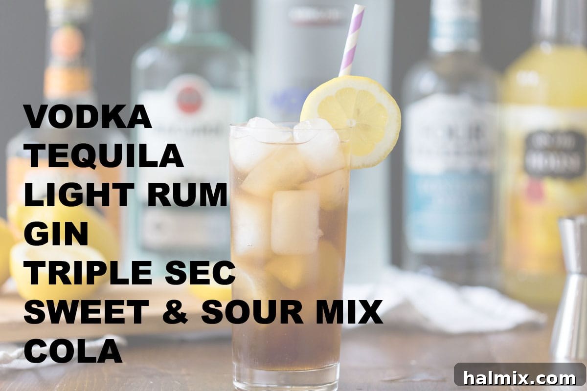 Long Island Iced Tea 3 listed ingredients for making a long island iced tea