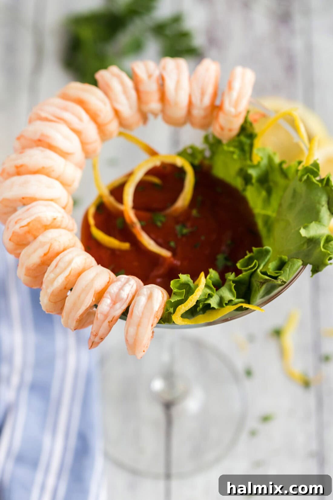 Close up photo of the top of a Shrimp Cocktail