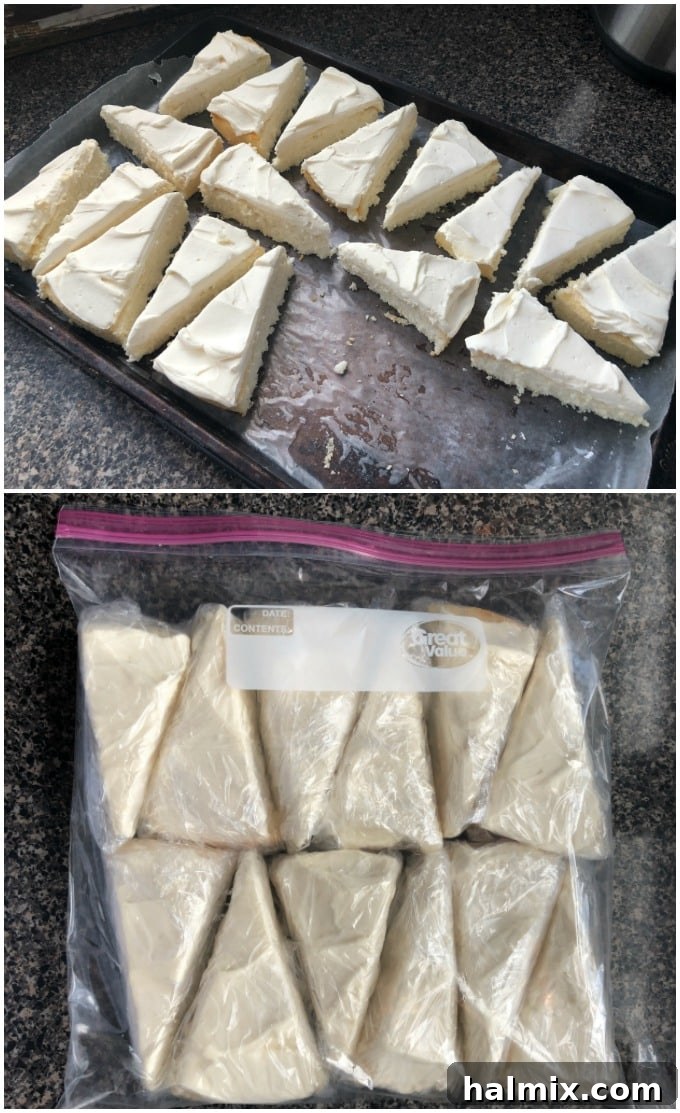 Timeless Vanilla White Cake 13 white cake slices on a jelly roll pan, frozen cake slices in a freezer bag