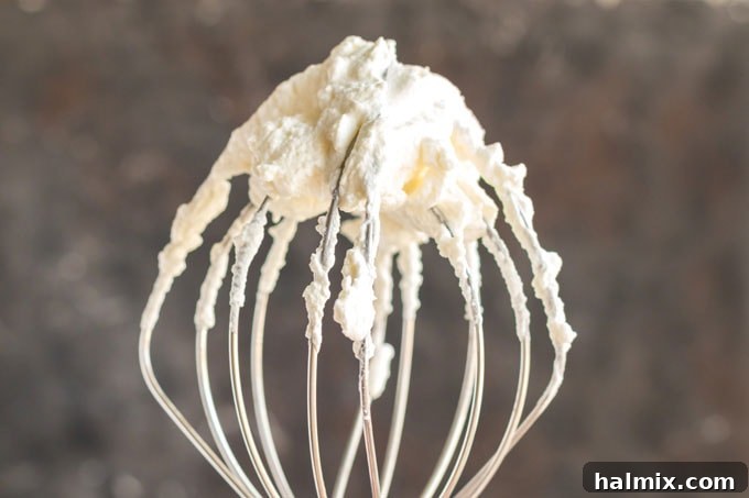 Timeless Vanilla White Cake 9 whisk attachment covered in whipped cream