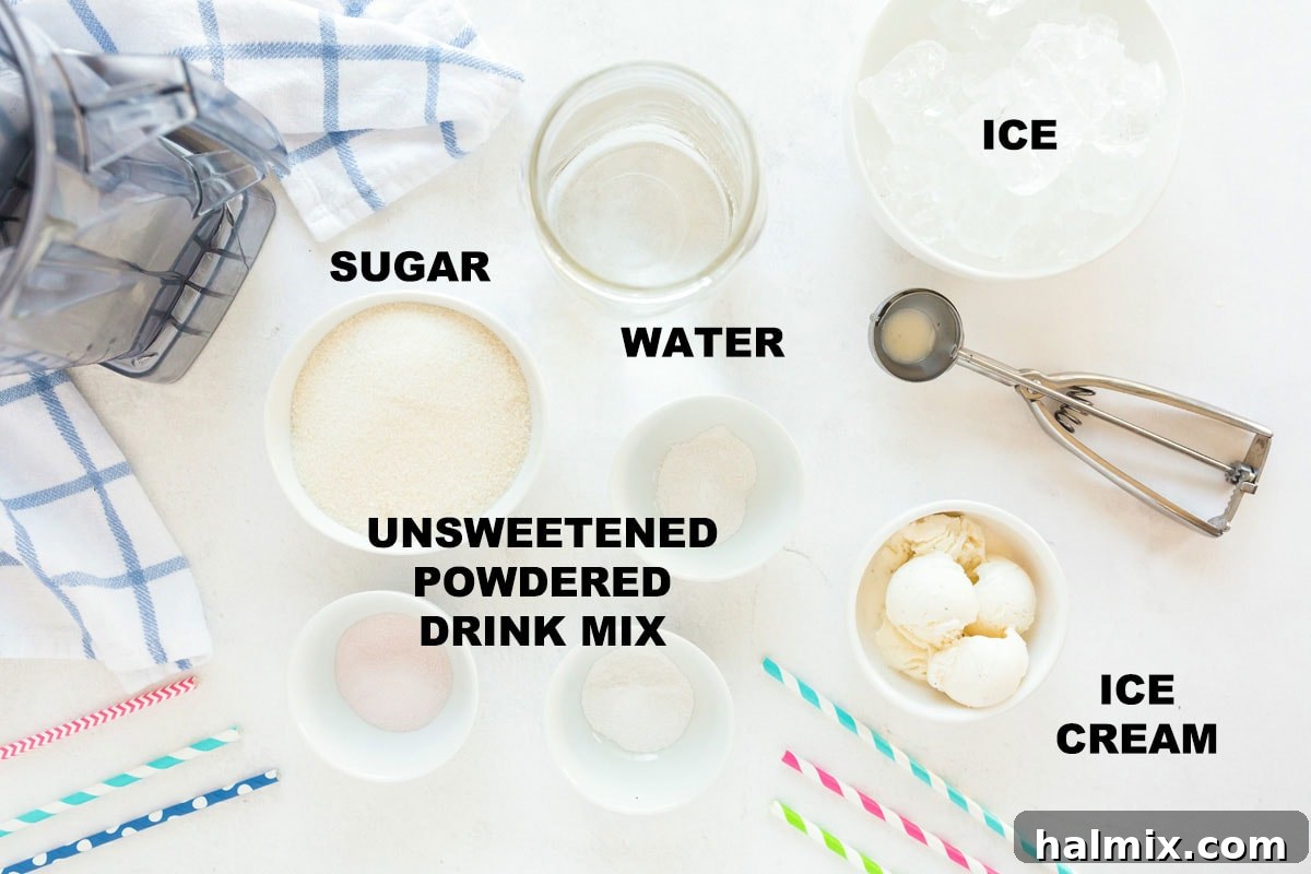 A visual guide to the simple ingredients needed for homemade slushies: powdered drink mix, sugar, water, and ice.