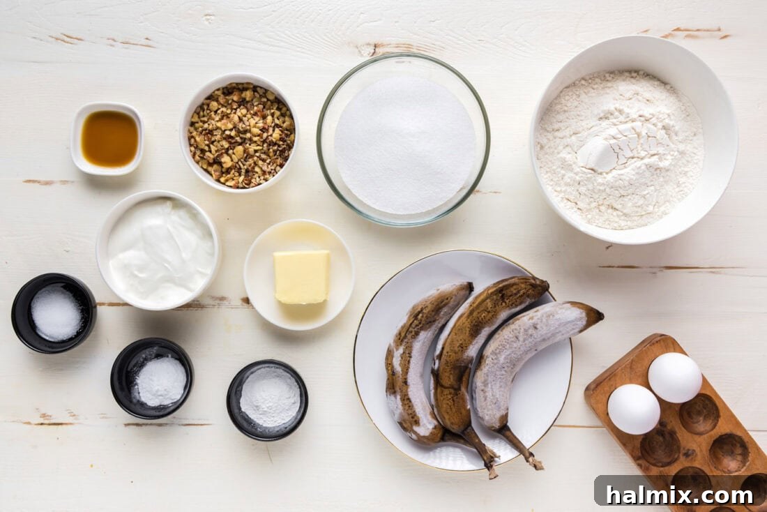 Ingredients for Banana Bundt Cake laid out on a kitchen counter, ready for baking.