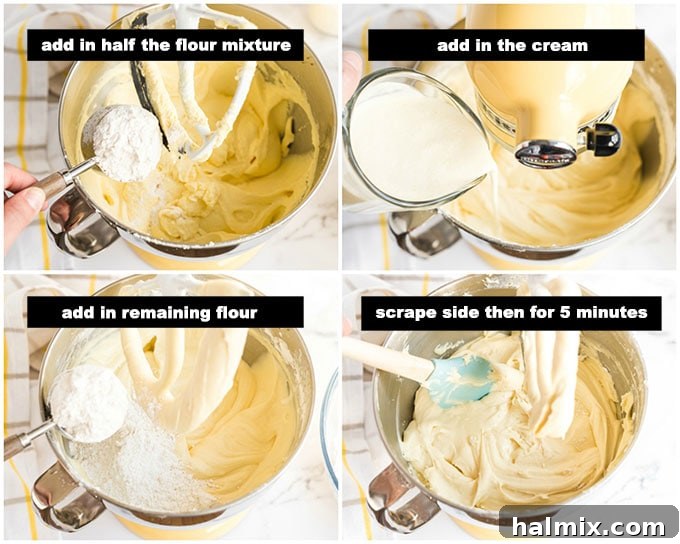 Final Mixing Stages of Pound Cake Batter An illustration demonstrating the final stages of mixing pound cake batter, showing the incorporation of flour and cream for a smooth, satiny texture.