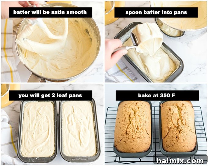Spoon Batter into Loaf Pans An illustration showing the process of spooning pound cake batter evenly into two prepared loaf pans.
