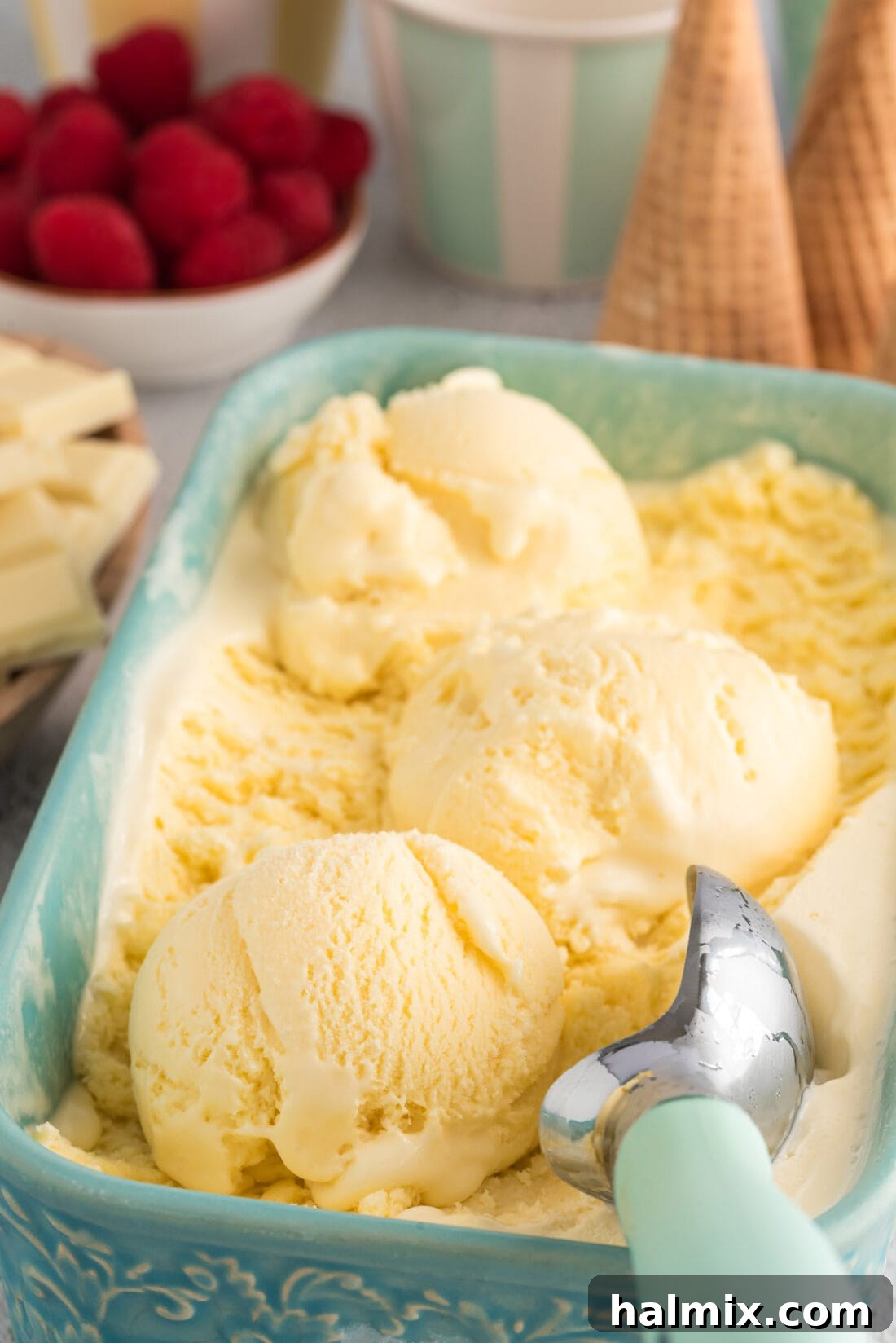 Close up photo of scoops of White Chocolate Ice Cream in a pan