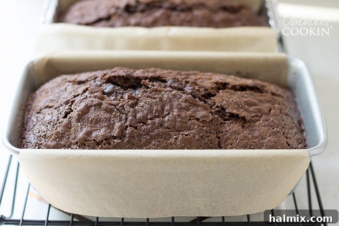Secret Garden Chocolate Loaf 5 Freshly baked chocolate zucchini bread loaves with a golden, cracked sugar topping.